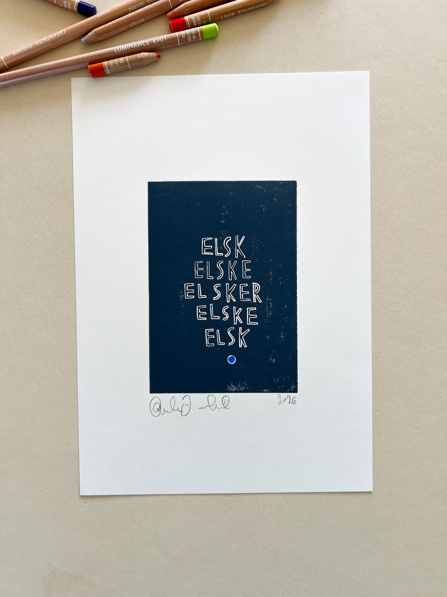 Elsk, elske, elsker, elske, elsk (linoleumstryk)