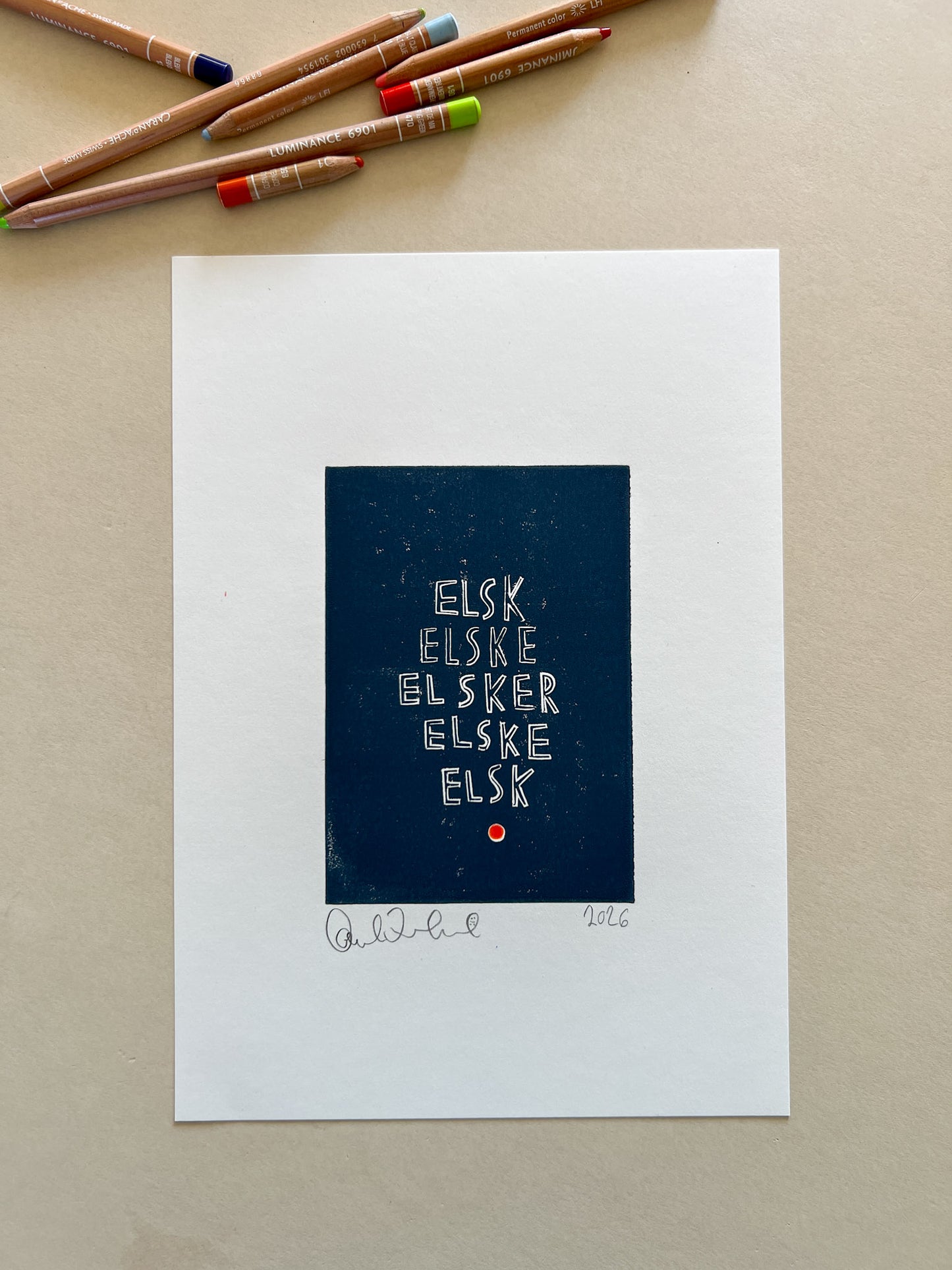 Elsk, elske, elsker, elske, elsk (linoleumstryk)