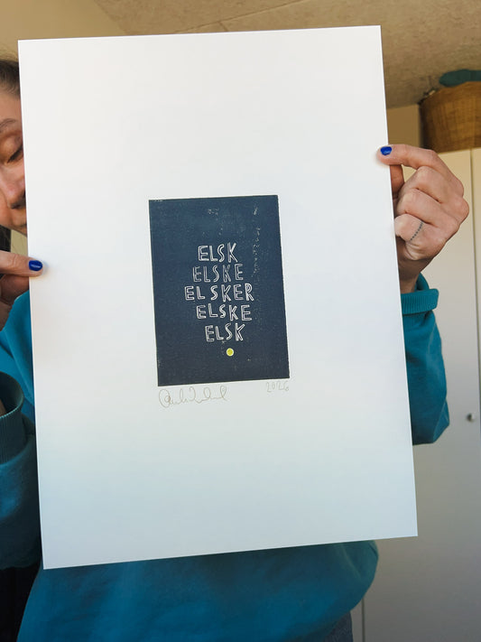 Elsk, elske, elsker, elske, elsk (linoleumstryk)